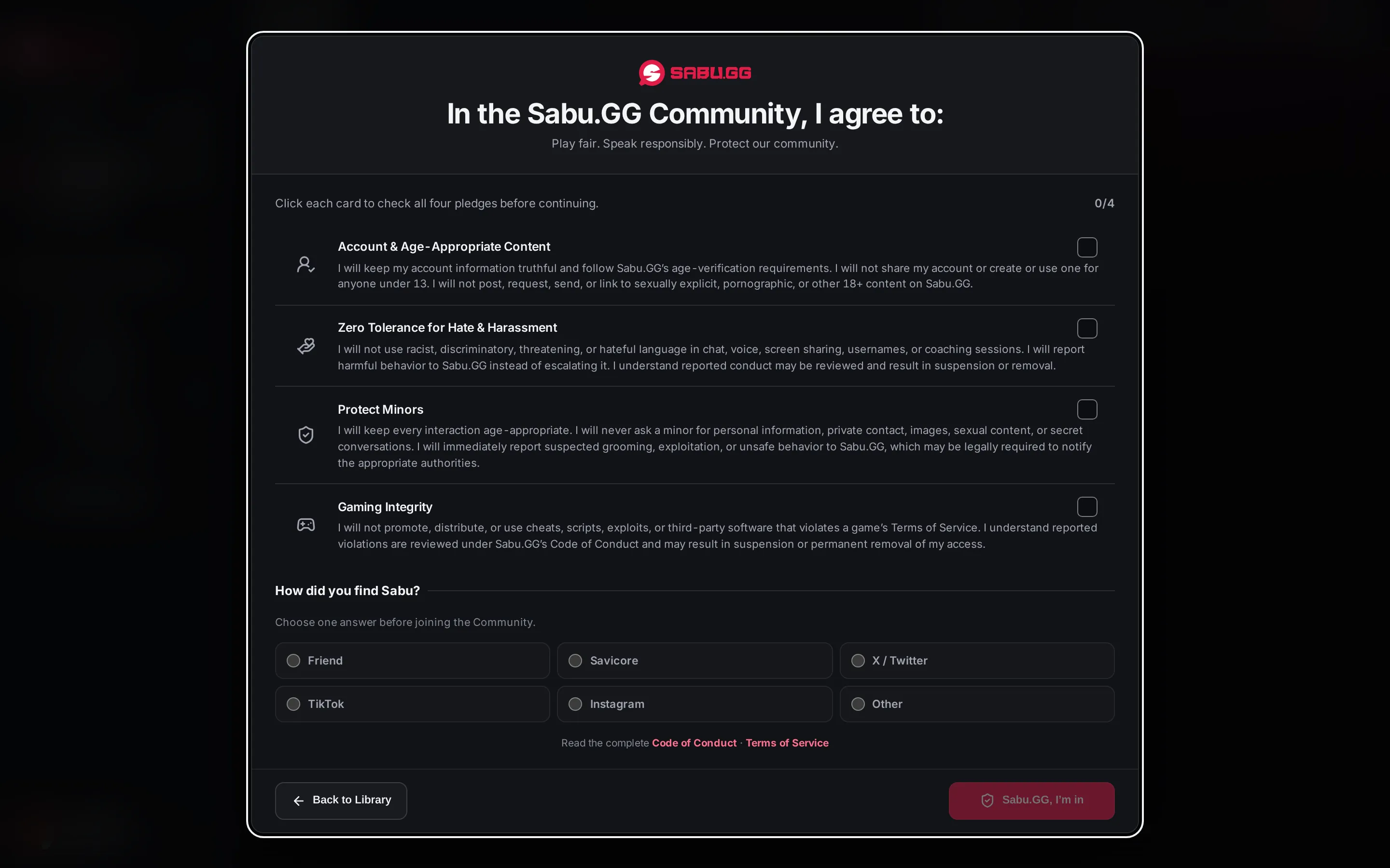 Community pledge: four rules to check before joining, including zero tolerance for hate and harassment and protecting minors.