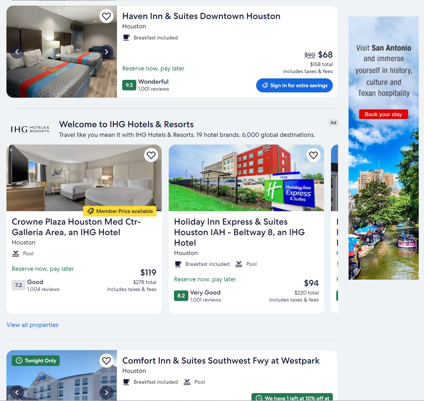 Featured Brand Carousel for IHG Hotels and Resorts inside Houston hotel results, with two IHG property cards.