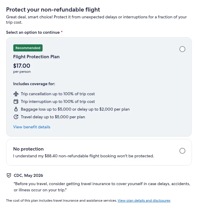 Expedia flight checkout module titled Protect your non-refundable flight, with two options: Flight Protection Plan, marked Recommended, and No protection.