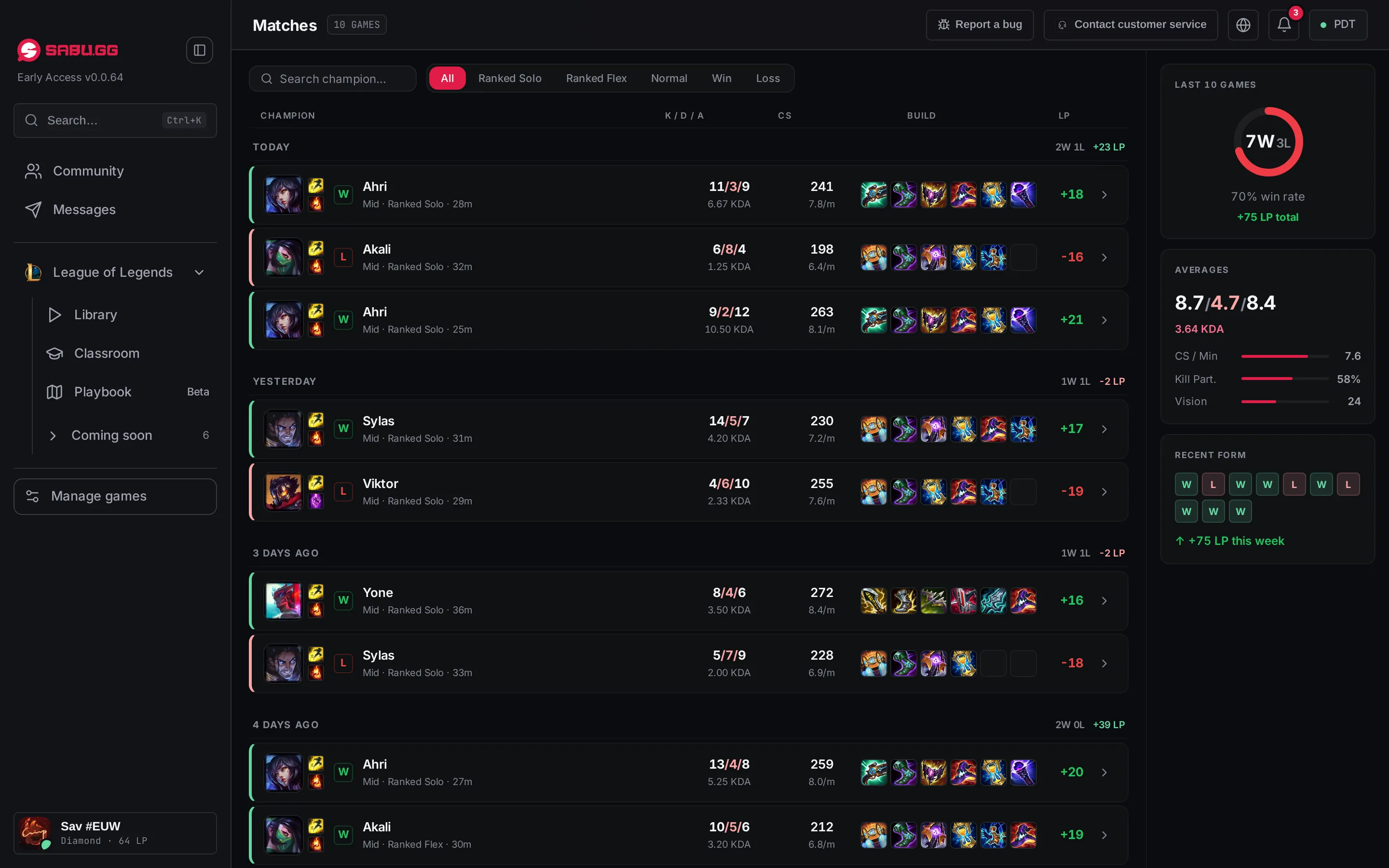 Matches: recent games grouped by day with champion, score, items and LP change, and a summary of the last 20 games.