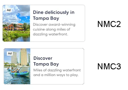 Two smaller Marquee cards for Tampa Bay, labeled NMC2 and NMC3, each with a photo, an Ad label, a headline and one line of copy.