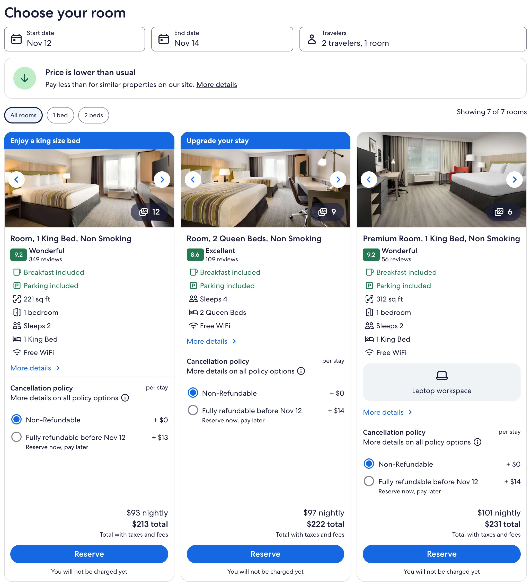 Choose your room on the property page: three room cards side by side, each with photos, a rating, beds, size, a cancellation choice, the nightly and total price, and a Reserve button.