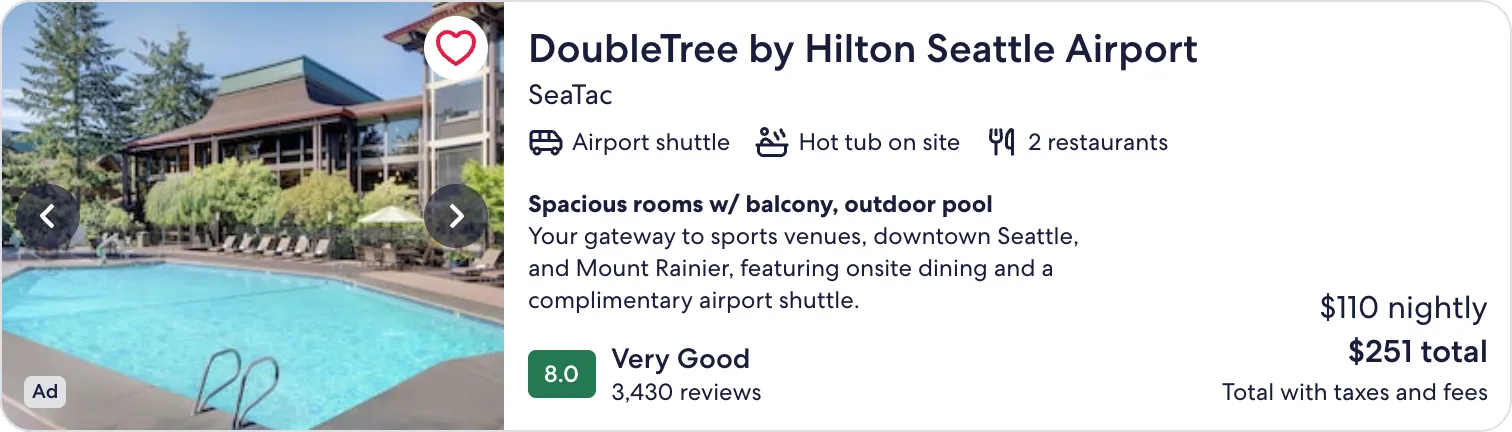 Sponsored Listing for DoubleTree by Hilton Seattle Airport in expedia.com hotel results: the same card layout as other results, with an Ad label on the photo and a short advertiser headline.