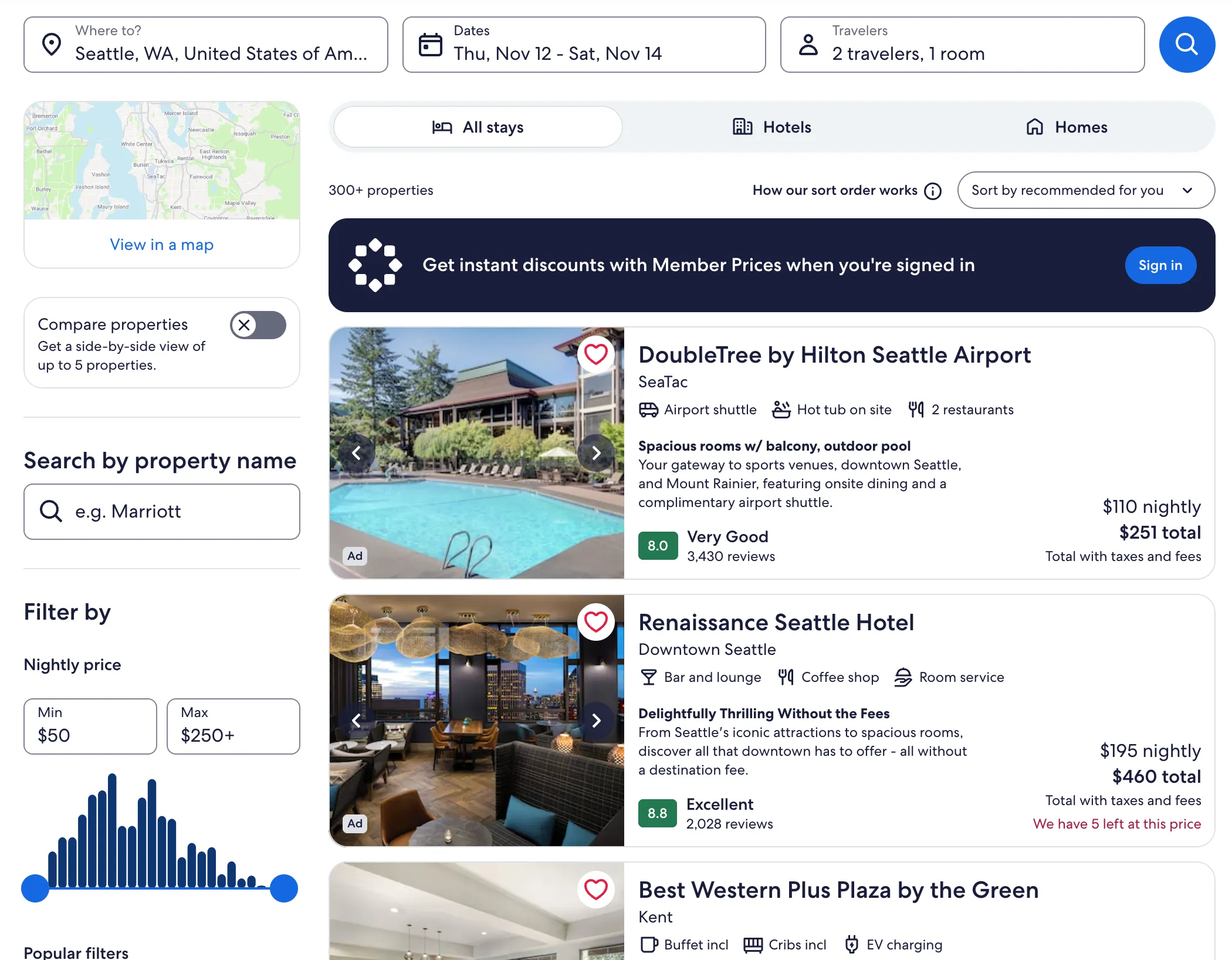 Expedia hotel search results for Seattle on desktop: a search bar, filters on the left, and a list of lodging cards with photos, ratings and total prices.